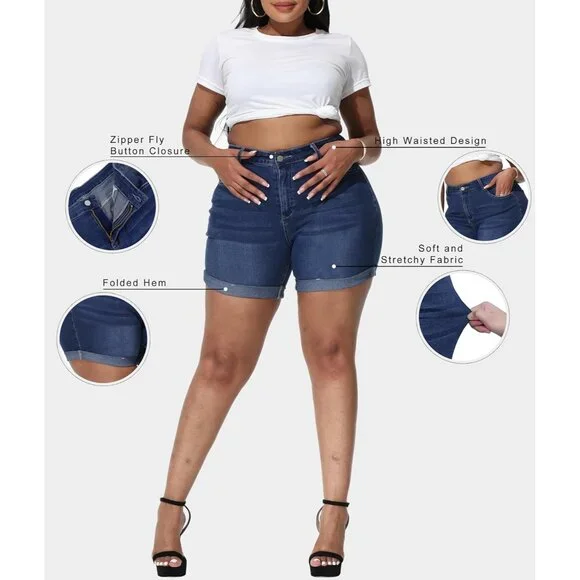 Plus Size Jean Shorts High Waisted Distressed Fold Hem Casual Denim